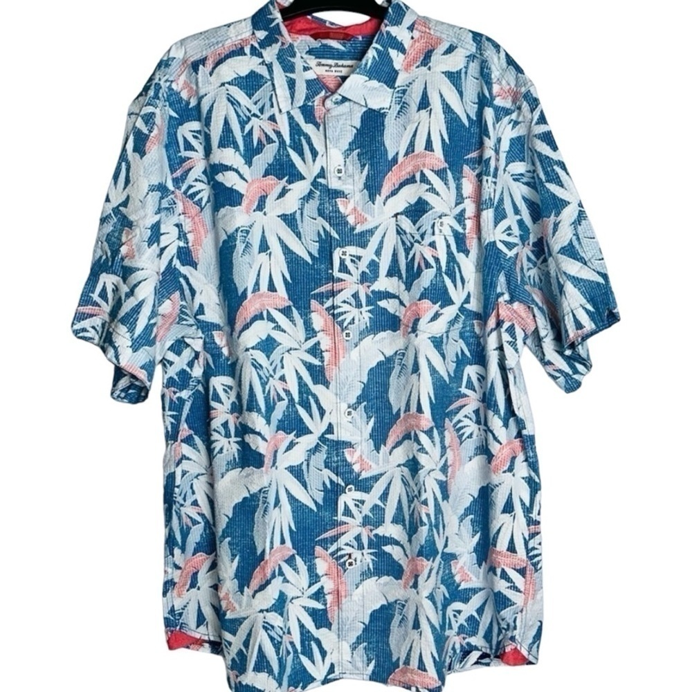 Tommy Bahama Nova Wave Fiesta Fronds Seersucker Blue Camp Shirt Men's Size‎ XL